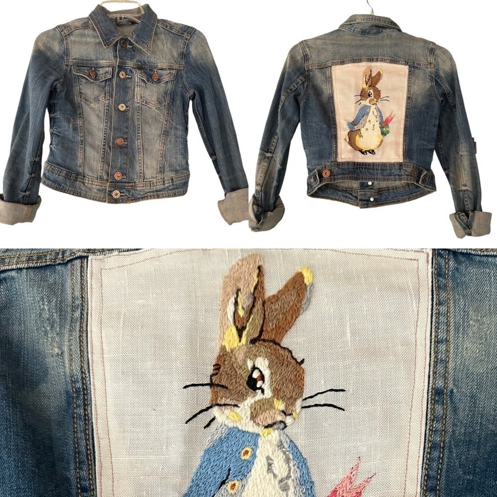 Custom Peter Rabbit Denim Jacket Girls L Trucker Embroidered Blue Beatrix Potter